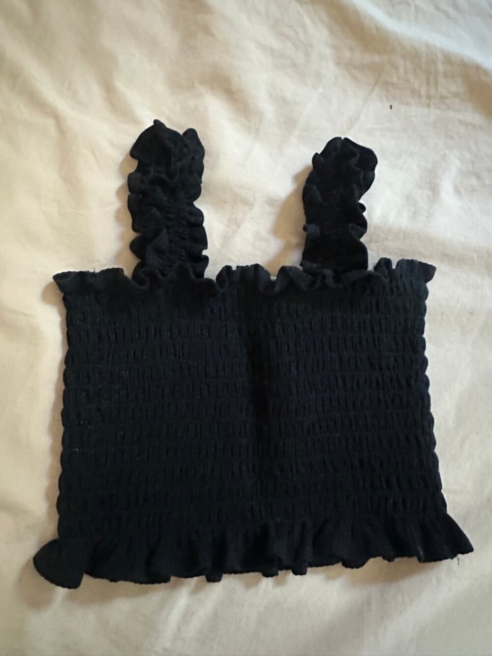 Reformation Black Smocked Crop Top - Ruffle Straps, Tencel Lyocell, XS